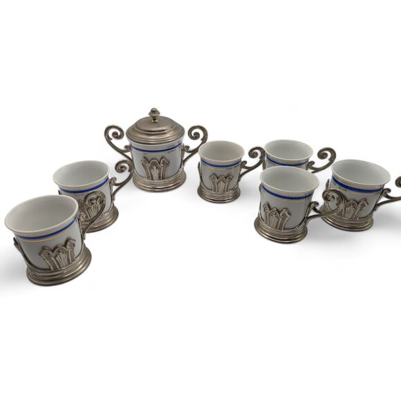 Rare Vintage E P Zinc Italy 6  Espresso Cups and Sugar Bowl from ITALY - Picture 7 of 14